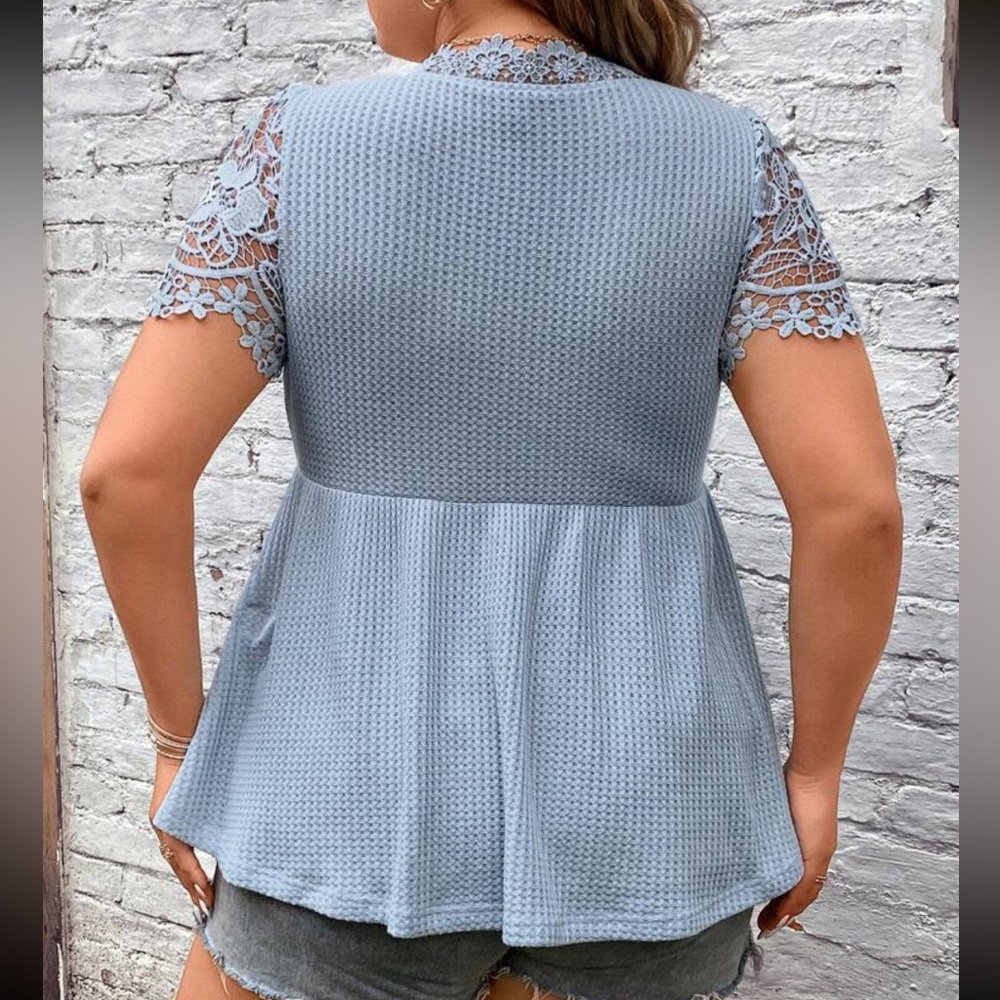034  Boho Floral Lace Light waffle Knit Top - Picture 8 of 12